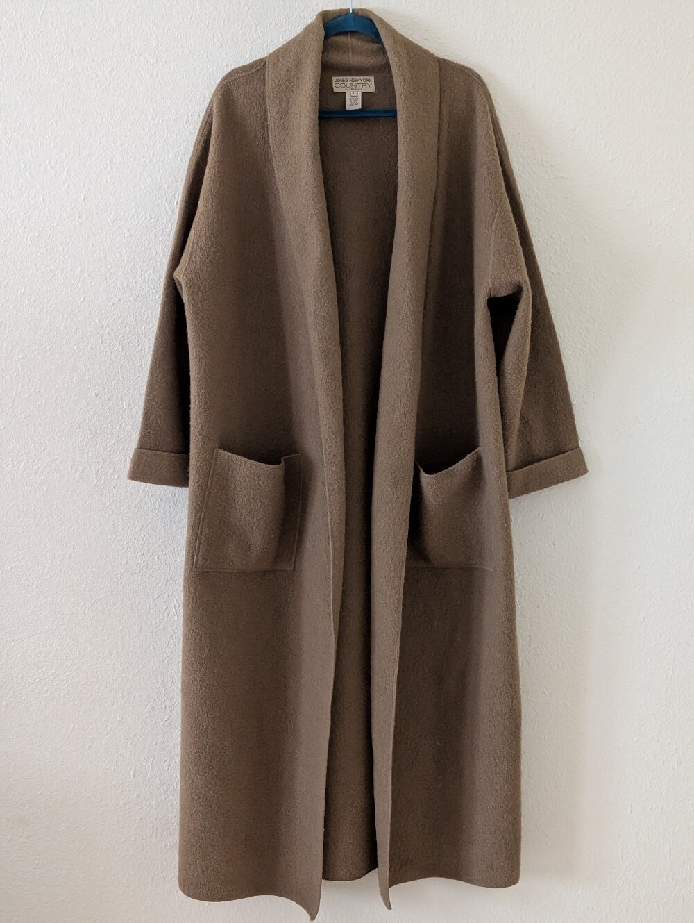 Jones New York Country Open Front Long Brown Wool Coat Jacket Size Large
